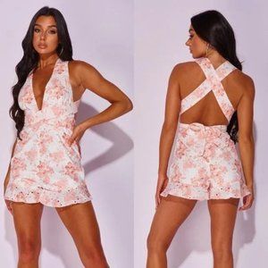 White Floral Print Lace Sleeveless Halter Neck V-Neck Backless Romper Playsuit